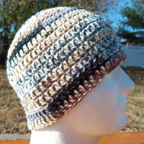 Men's Skully Beanie Hat Handmade Naturals Striped Crochet Hiking Outdoors L - Picture 4 of 9